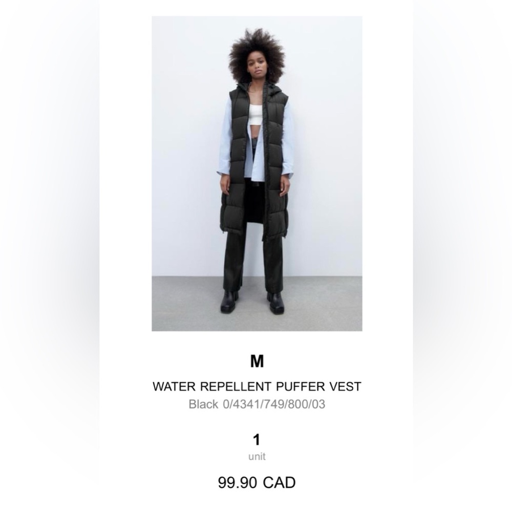 Zara Long Black Hooded Puffer Vest